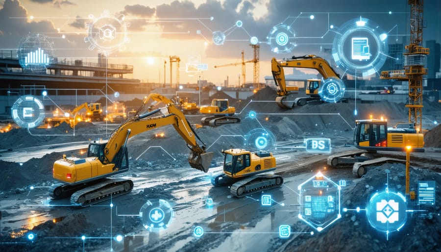 A digital representation of a construction site integrated with blockchain technology symbols, illustrating the intersection of blockchain applications and construction processes to enhance project management and transparency.