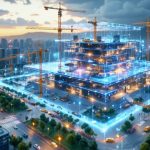 Conceptual illustration of a futuristic construction site highlighting digital data streams and blockchain ensuring secure, transparent collaboration among stakeholders.