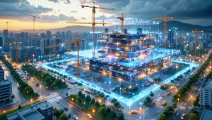 Conceptual illustration of a futuristic construction site highlighting digital data streams and blockchain ensuring secure, transparent collaboration among stakeholders.