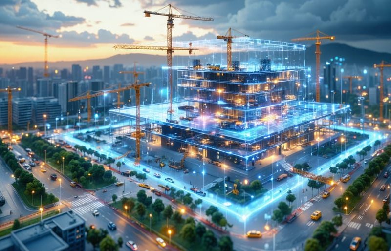 Conceptual illustration of a futuristic construction site highlighting digital data streams and blockchain ensuring secure, transparent collaboration among stakeholders.