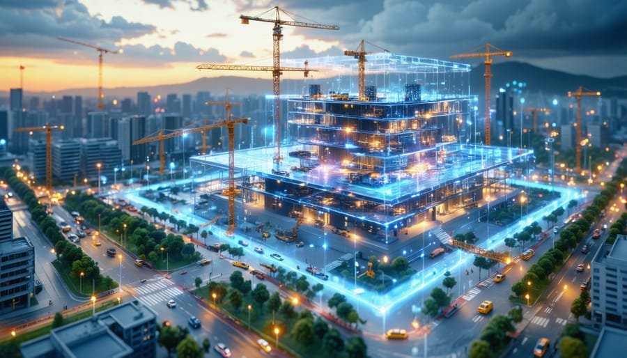 Conceptual illustration of a futuristic construction site highlighting digital data streams and blockchain ensuring secure, transparent collaboration among stakeholders.