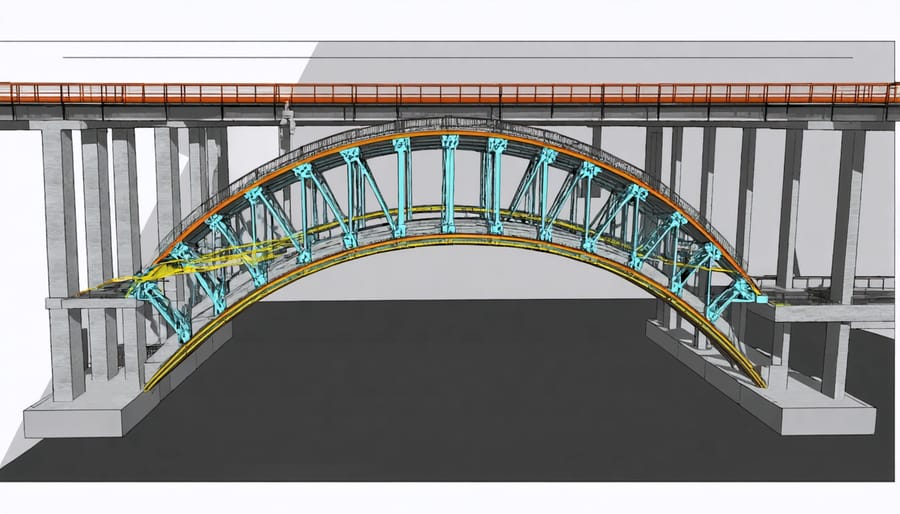 Bridge Constructor gameplay interface displaying structural analysis with color-coded stress points