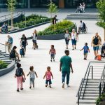 A vibrant urban environment featuring people of diverse ages and abilities interacting with accessible architectural elements such as ramps, tactile paths, and wayfinding signs, illustrating the essence of inclusive design.