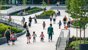 A vibrant urban environment featuring people of diverse ages and abilities interacting with accessible architectural elements such as ramps, tactile paths, and wayfinding signs, illustrating the essence of inclusive design.