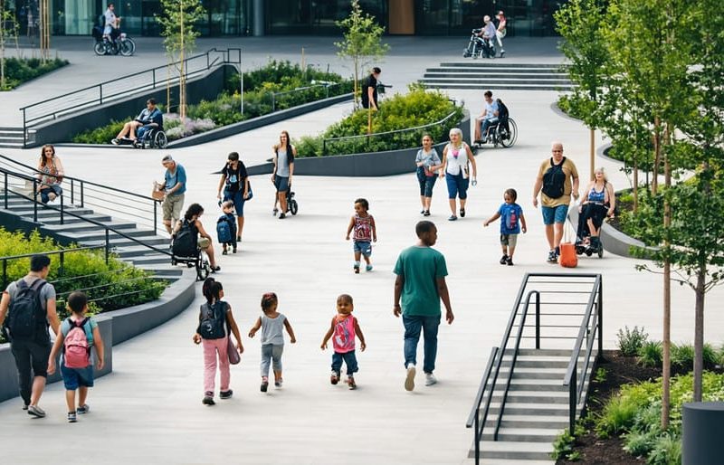 A vibrant urban environment featuring people of diverse ages and abilities interacting with accessible architectural elements such as ramps, tactile paths, and wayfinding signs, illustrating the essence of inclusive design.
