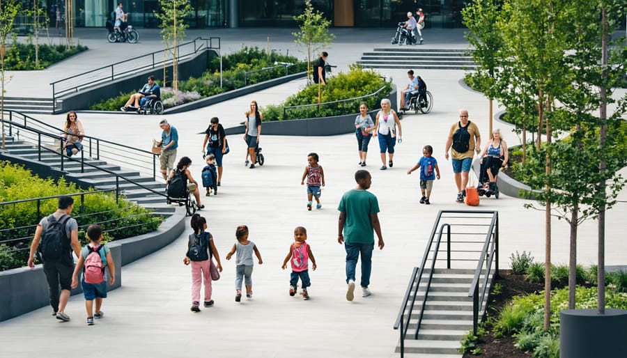 A vibrant urban environment featuring people of diverse ages and abilities interacting with accessible architectural elements such as ramps, tactile paths, and wayfinding signs, illustrating the essence of inclusive design.