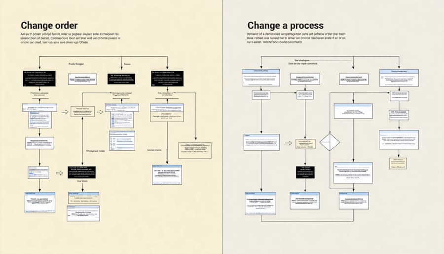 Change order management process diagram showing approval steps and scope impact