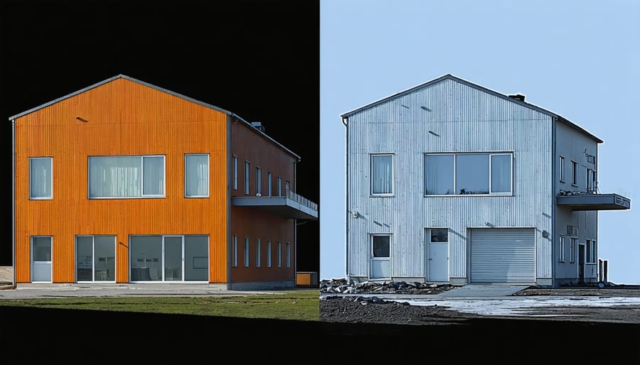 Split image showing building design features for both hot and cold climate extremes