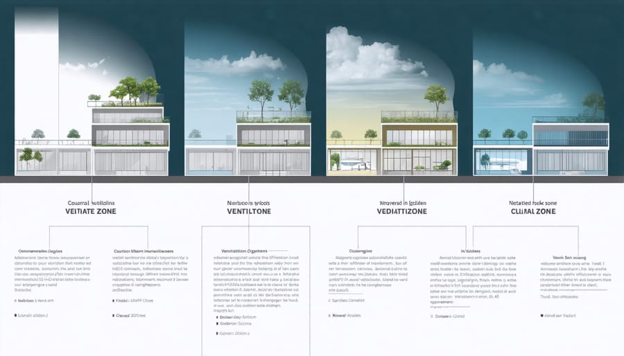 Technical illustration showing various ventilation strategies adapted for hot, cold, and temperate climates