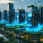 Futuristic cityscape featuring sustainable buildings with green rooftops, integrated wind turbines, and digital climate data screens, symbolizing climate-smart architecture.