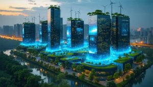 Futuristic cityscape featuring sustainable buildings with green rooftops, integrated wind turbines, and digital climate data screens, symbolizing climate-smart architecture.