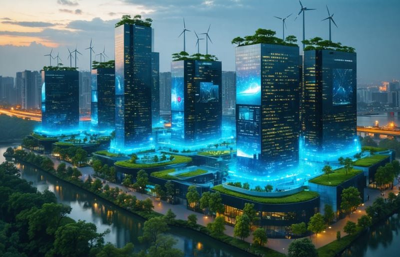 Futuristic cityscape featuring sustainable buildings with green rooftops, integrated wind turbines, and digital climate data screens, symbolizing climate-smart architecture.