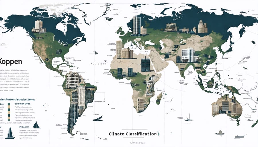 Global map displaying different climate zones with representative building styles for each region