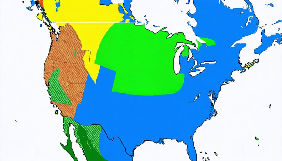 Map showing the eight different climate zones of North America with distinct color coding and zone numbers