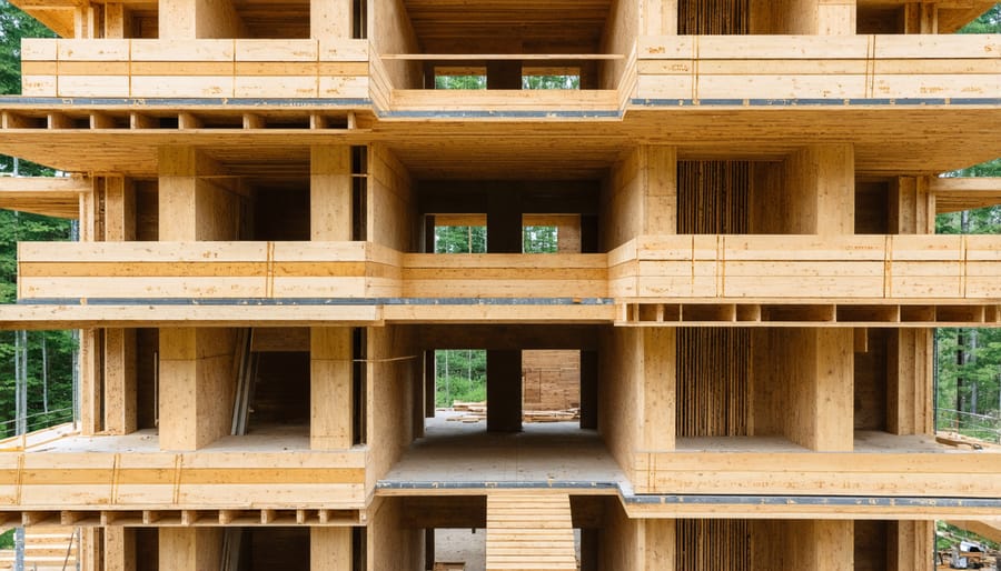 Construction site featuring installation of cross-laminated timber panels in a multi-story building