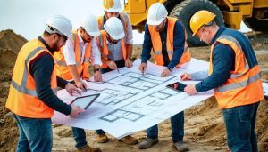 A diverse group of construction professionals, including engineers and architects, collaborating over architectural plans at an active job site.