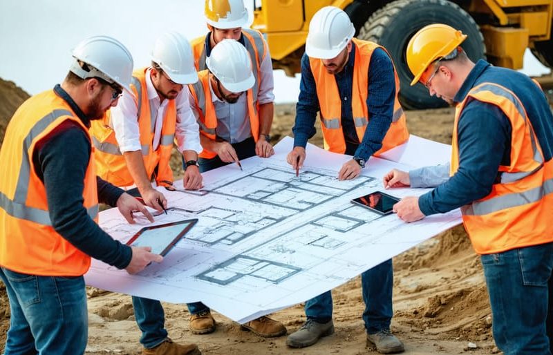 A diverse group of construction professionals, including engineers and architects, collaborating over architectural plans at an active job site.