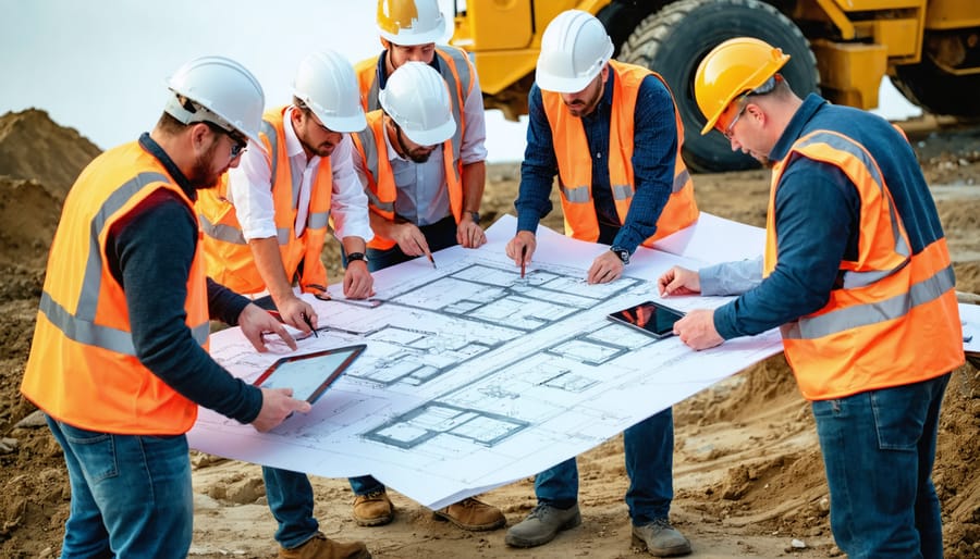 A diverse group of construction professionals, including engineers and architects, collaborating over architectural plans at an active job site.