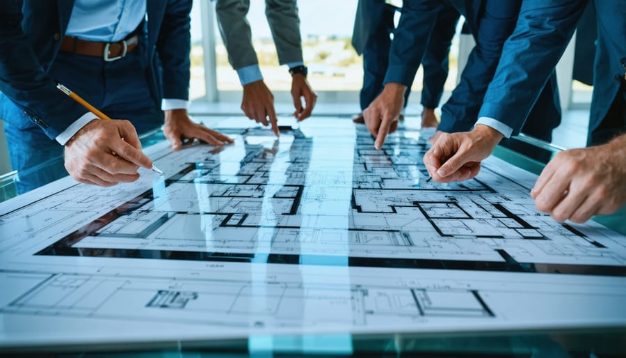 Multi-disciplinary team reviewing architectural plans on an interactive digital table