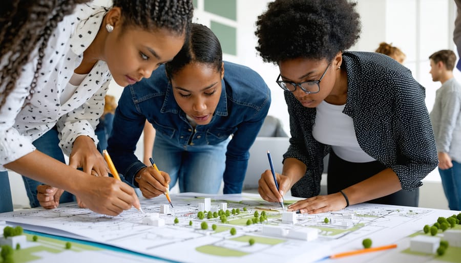 Multi-generational and multicultural group engaged in collaborative urban planning workshop