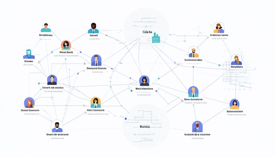 Infographic illustrating the core components and connections in a construction blockchain network