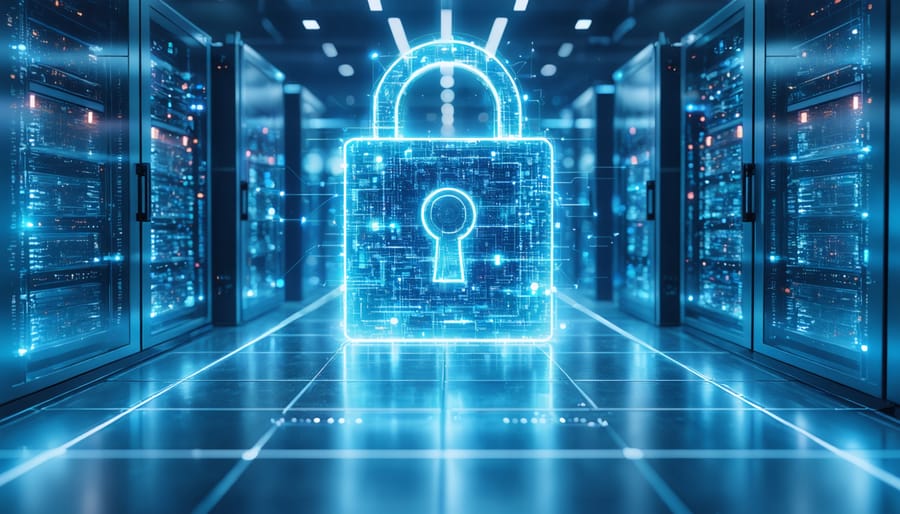 Futuristic data center with advanced security features, including biometric scanners and AI-powered surveillance, representing a digital fortress for the construction industry.
