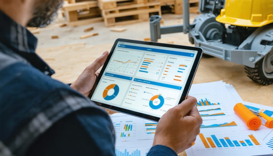 Construction manager reviewing RPA procurement automation dashboard on tablet