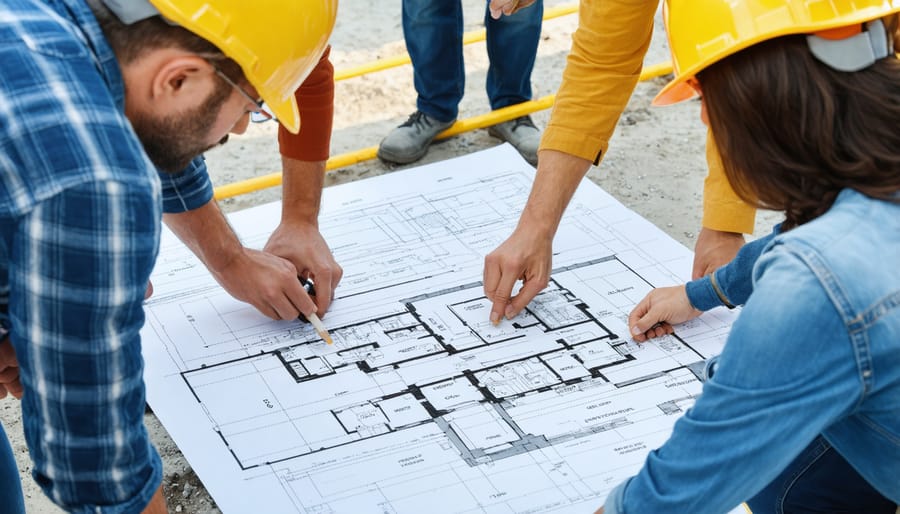 Construction professionals from different disciplines examining blueprints together at a construction site