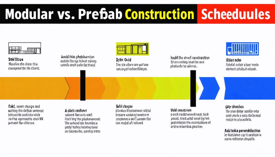 Visual timeline comparing construction phases and durations for modular and prefab homes