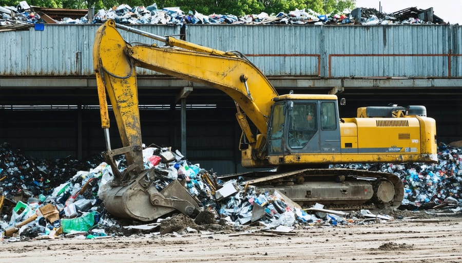 Organized construction waste management area with labeled containers for different materials