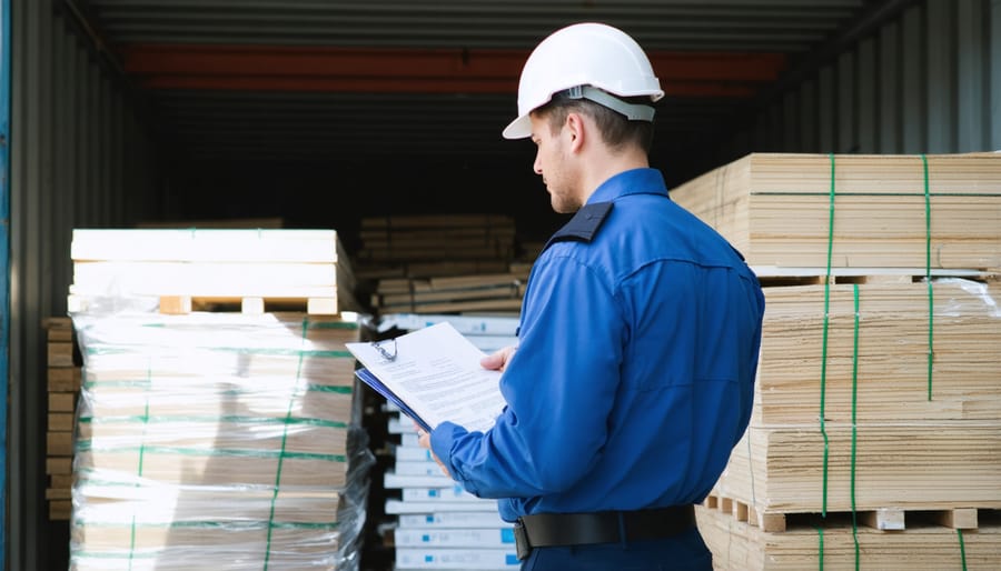 Customs official reviewing import documentation for construction materials at border control