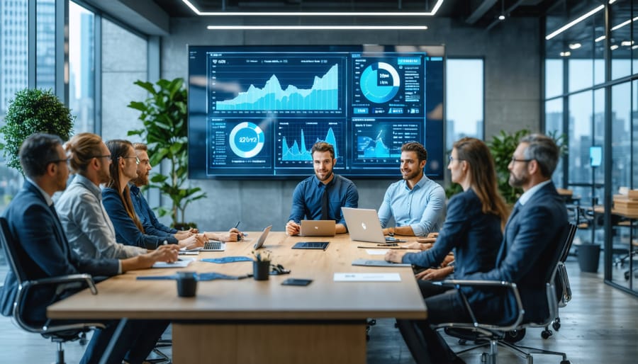 Construction team analyzing project data on large screens during a collaborative meeting