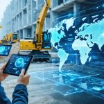 Futuristic construction site with professionals using digital tools and holographic displays to analyze project data and optimize decision-making.