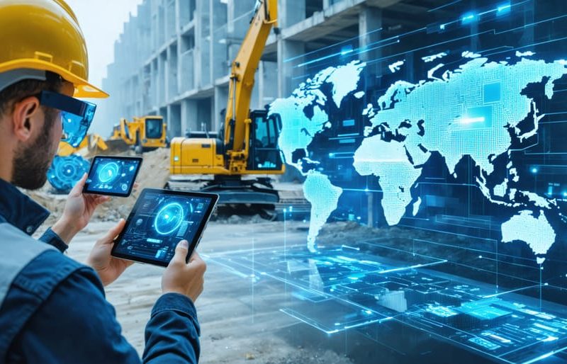 Futuristic construction site with professionals using digital tools and holographic displays to analyze project data and optimize decision-making.