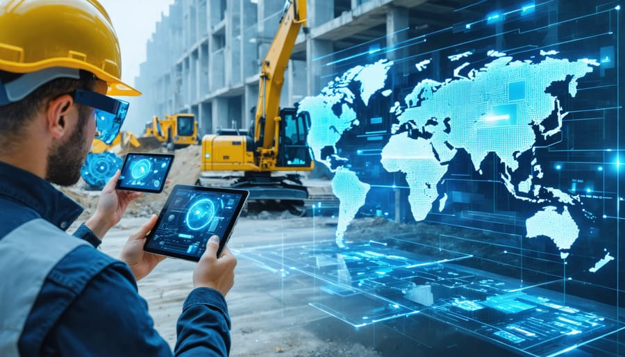 Futuristic construction site with professionals using digital tools and holographic displays to analyze project data and optimize decision-making.
