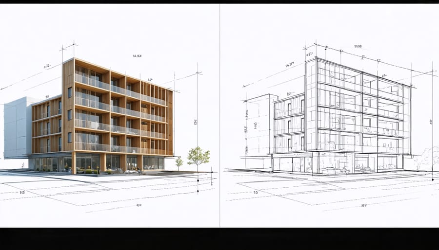 Before and after comparison of architectural design concept and completed construction