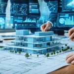 "Architects and designers collaborating over a blueprint with digital displays highlighting design thinking processes in architecture."