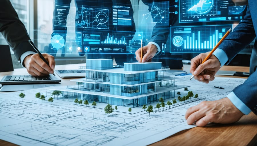 "Architects and designers collaborating over a blueprint with digital displays highlighting design thinking processes in architecture."
