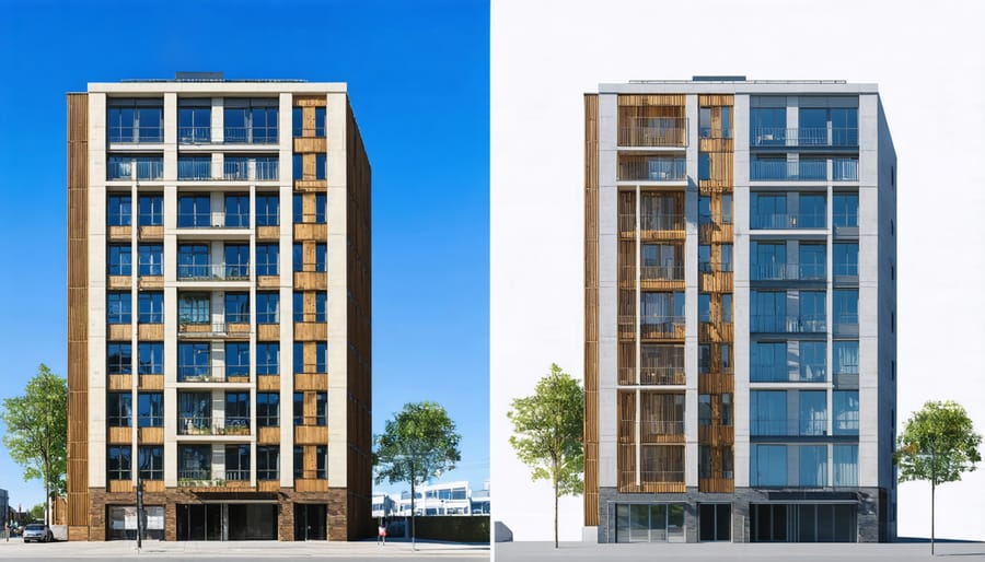 Side-by-side comparison of real building and its digital twin model