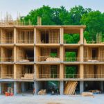 "A modern construction site featuring sustainable materials such as bamboo composites and cross-laminated timber, set against a backdrop of greenery, symbolizing the integration of nature and advanced building technologies."
