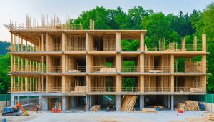 "A modern construction site featuring sustainable materials such as bamboo composites and cross-laminated timber, set against a backdrop of greenery, symbolizing the integration of nature and advanced building technologies."