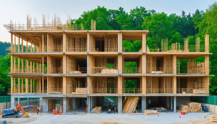 "A modern construction site featuring sustainable materials such as bamboo composites and cross-laminated timber, set against a backdrop of greenery, symbolizing the integration of nature and advanced building technologies."