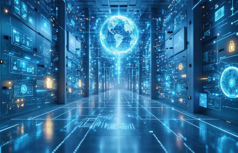 Illustration of a smart building interconnected with IoT sensors and edge computing systems, highlighting real-time data streams enabling immediate energy management and security responses.