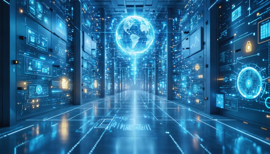 Illustration of a smart building interconnected with IoT sensors and edge computing systems, highlighting real-time data streams enabling immediate energy management and security responses.