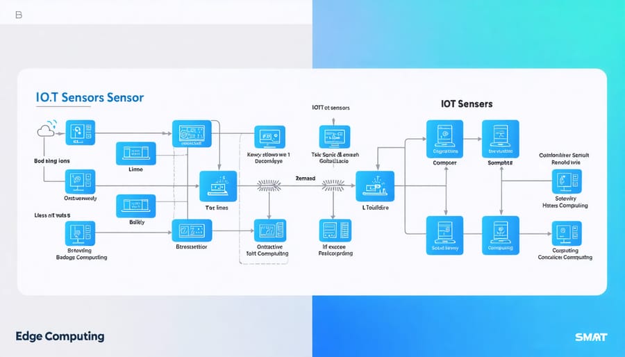 Architectural diagram of edge computing data flow in smart buildings with IoT sensors and processing units