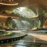 A thoughtfully designed architectural space featuring natural materials, abundant natural light through large windows, and biophilic elements like indoor plants, showcasing how design choices trigger emotional responses in occupants.