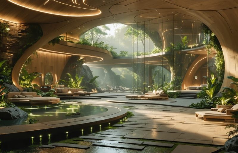 A thoughtfully designed architectural space featuring natural materials, abundant natural light through large windows, and biophilic elements like indoor plants, showcasing how design choices trigger emotional responses in occupants.