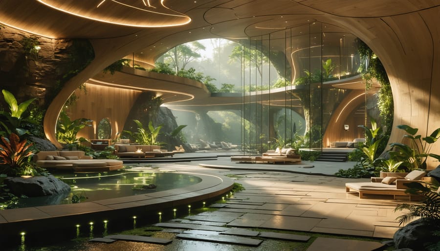 A thoughtfully designed architectural space featuring natural materials, abundant natural light through large windows, and biophilic elements like indoor plants, showcasing how design choices trigger emotional responses in occupants.