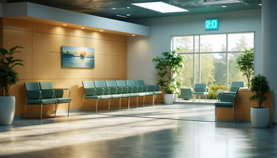 Welcoming hospital lobby with wooden accents, living wall, and comfortable seating areas bathed in natural light