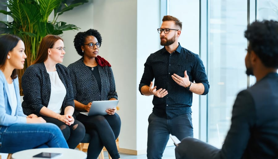 Professionals observing and interviewing people about their experience in a building space